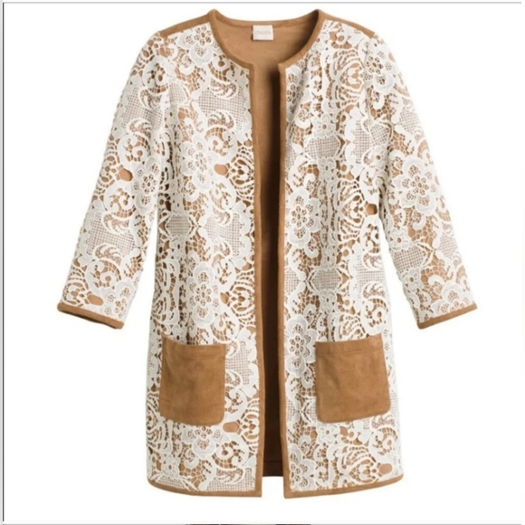 Chico's Jackets & Blazers - Chicos Womens Open Front Jacket Beige Floral lace with Pockets size 4 XL